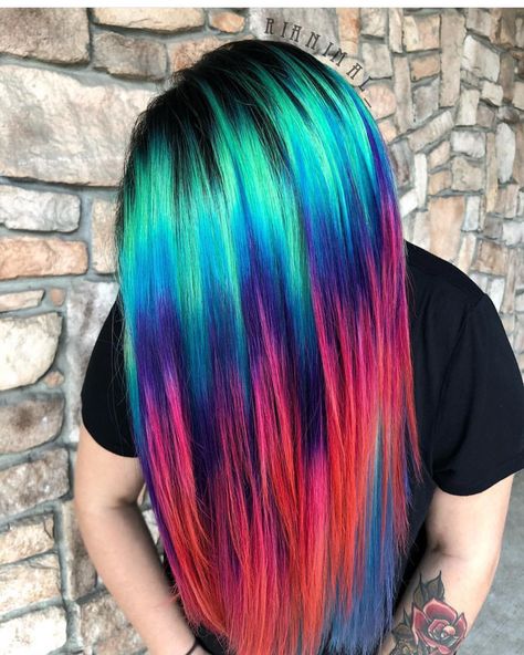 Melted holographic hair by @rianimal #hotonbeauty . . . . #northernlights #holographichair #hairart #colormelting #salonlife Rainbow Color Blocking Hair, Multi Color Hair Dye Ideas, Vivid Hair Color Ideas Blondes, Summer Vivid Hair Color, Block Haircolor, Unique Summer Hair Color, 3d Hair Color, Crazy Color Hair Ideas, Multi Color Hair Dye Techniques