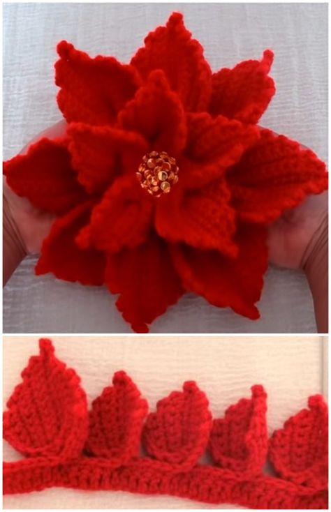 Crochet Poinsettia Flower With A Single Strap - Crochet Ideas Crochet Ornament Patterns, Crochet Flowers Free Pattern, Crochet Xmas, Crochet Christmas Decorations, Pola Amigurumi, Crochet Plant, Poinsettia Flower, Holiday Crochet, Pola Sulam