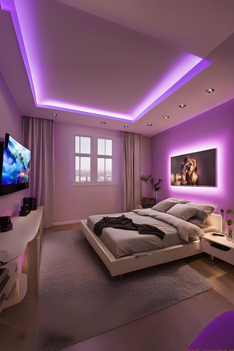 led strip light cozy teen bedroom ideas with king sized bed Bedroom Ideas W Led Lights, Modern Room With Led Lights, Room Design With Led Lights, Simple Led Lights Bedroom, Led Lights Behind Headboard, House Interior Led Lights, Aesthetic Bedroom Inspo Led Lights, Rgb Lighting Ideas Bedroom, Led Light Room Ideas