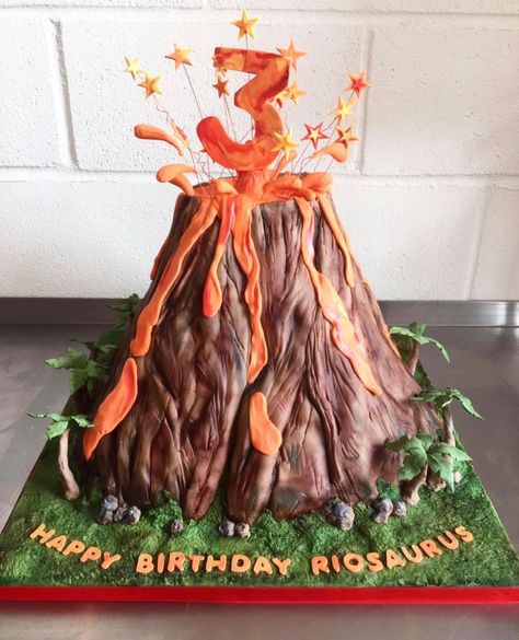 Dinasour Volcano Birthday Cakes, Floor Is Lava Birthday Cake, Volcano Party Ideas, The Floor Is Lava Birthday Party, Blackfire Costume, Dinosaur Volcano Cake, Volcano Party, Dino Birthday Cake, Toy Dinosaurs