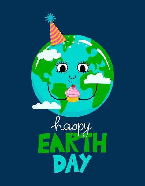 Happy Earth Day - Planet Earth kawaii drawing with birthday cake. Poster or t-shirt textile graphic design. Beautiful illustration. Earth Day environmental Protection. Every year on April 22. Kawaii, Happy Earth Day 2024, Earth Day 2024, Earth Day Graphics, 22 April Earth Day, Earth Day Pictures, Earth Day Images, Cake Poster, Kawaii Drawing