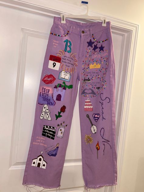 #KCTSTheErasTour #tstheerastour speaknowtv diypants paintedpants Eras Tour Pants, Eras Tour Jeans, Taylor Embroidery, Speak Now Tv, Eras Outfits, Diy Pants, Taylor Swift Birthday, Cute Clothing Stores, Tour Outfits