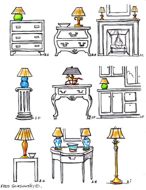 Fred Gonsowski, Lamp Placement, Accent Lamps, Bedside Table Lamp, Table Lamps Living Room, Side Lamps, Interior Decorating Styles, Interior Illustration, Decorative Table Lamps