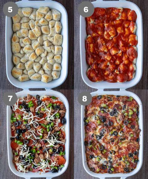 Steps 5 through 8 of making bubble up pizza bake. Pizza Bake Casserole Biscuits, Pizza Using Biscuits, Puffy Pizza Bake, Pizza Bubble Up, Pizza Bake With Biscuits, Grand Biscuit Recipes Dinners, Bubble Pizza Recipe Biscuits, Bubble Up Pizza Casserole, Bubble Up Pizza Bake