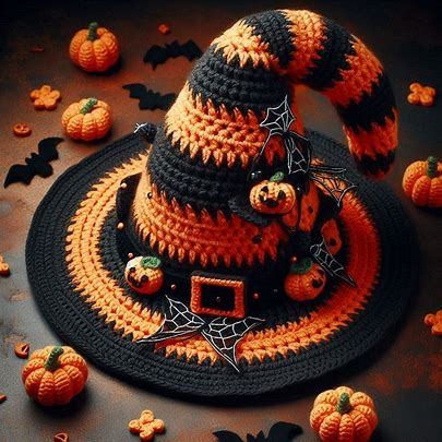 Crochet Halloween Witch hat - Microsoft Designer의 Image Creator Crochet Witch Hat Pattern Free, Halloween Costume Crochet, Crochet Christmas Tree Ornaments, Crochet Witch Hat, Crochet Halloween Decorations, Crochet Fall Decor, Ghosts And Pumpkins, Crochet Pour Halloween, Crochet Ghost