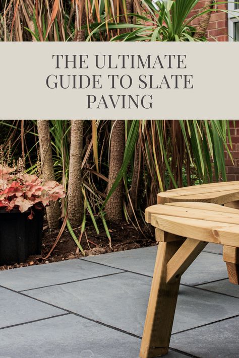 slate paving close up with modern wooden seating right and palm tree top. Slate Patio Ideas, Slate Walkway, Slate Paving, Slate Garden, Slate Patio, Visit Uk, Greek House, Paving Slabs, Patio Tiles