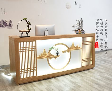 Chinese style vintage reception counter, cashier counter, office counter #retailproject #projectmanagement #shopfurniture Cashier Counter Design, Boho Living Room Coffee Tables, Chinese Hotel, Counter Office, Cashier Counter, Vintage Reception, Gerobak Dorong, Restaurant Counter, Roof Terrace Design