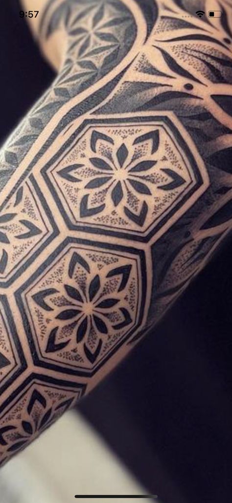 Mens Full Hand Tattoo, Hexagon Tattoo Pattern, Pattern Arm Tattoo, Geometric Tattoo Men, Geometric Tattoo Stencil, Calf Tattoo Ideas, Flesh Tattoo, Geometric Tattoo Sleeve Designs, Hexagon Tattoo