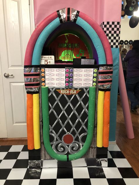 Diy 50s Party Decorations, Sock Hop Photo Booth, Grease Homecoming Float Ideas, Sock Hop Ideas, Grease Themed Trunk Or Treat, Diy Sock Hop Decorations, 50s Parade Float Ideas, Diy Jukebox Prop, Sock Hop Decorations Diy