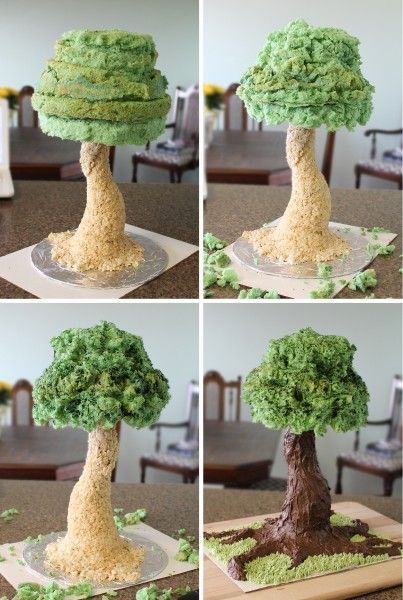 Sculpted Cakes Tutorials, Sculpted Cake Ideas, Fondant Trees Tutorial, Forest Cakes, 3d Cake Tutorial, How To Make Trees, Fantasy Cakes, Gravity Cake, Cake Show