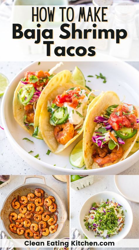 Baja Shrimp Tacos are an easy 30-minute recipe you can make for a busy weeknight. Shrimp is high in protein and tastes great with an easy cabbage slaw mix. Make this recipe for your next Taco Tuesday! Easy Cabbage Slaw, Slaw For Shrimp Tacos, Baja Shrimp, Baja Shrimp Tacos, Clean Eating Basics, Healthy Taco Recipes, Spicy Shrimp Tacos, Shrimp Taco Recipes, Healthy Tacos