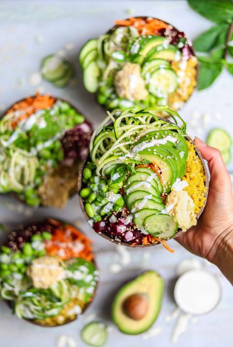 Rainbow Buddha Bowls | Vegan Buddha Bowls | Two Spoons Blue Zones American Kitchen, Fruitarian Recipes, Dinner Staples, Alkaline Meals, Sandwich Vegetarian, Nourish Bowls, Budget Food, Vegan Buddha Bowl, Vegetable Recipe