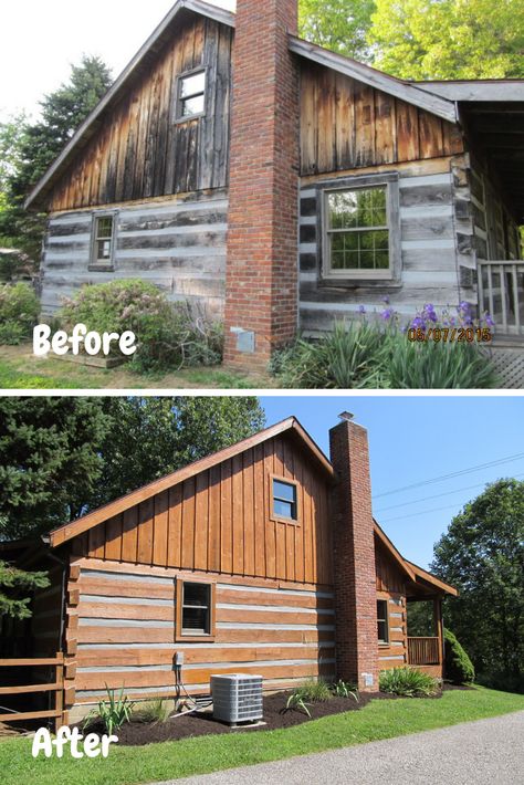 Log Cabin Before and After.  Log Cabin Homes.  Before and After Renovations Log Cabin Makeover Before And After, Rustic Cabin Makeover, Updating A Log Cabin Exterior, Old Cabin Remodel, Old Cabin Makeover, Cabin Before And After, Log Cabin Exterior Remodel, Log Cabin Renovation Interiors, Log House Renovation