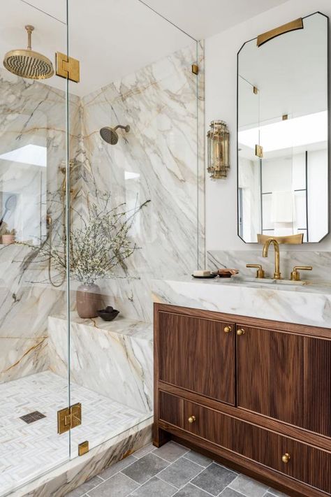 Contemporary Spa Bathroom With Ribbed Vanity Lauren Liess Bathroom, Bathroom 2024, Guest Quarters, Wellness Space, Bathroom Transformation, Primary Bathroom, Bathroom Redesign, Master Bath Remodel, Gorgeous Bathroom