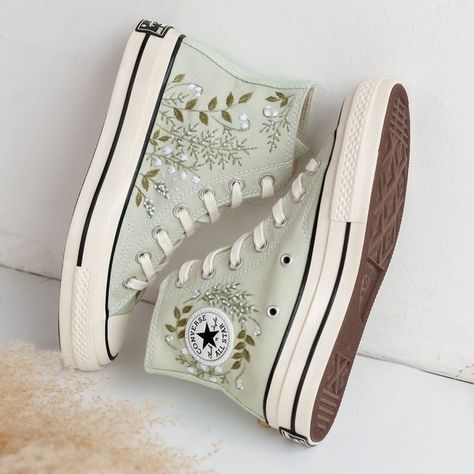 Embroidered Converse Cute Converse For Women, Cottage Core Converse, Sage Green Converse Embroidery, Cute Embroidered Converse, Embroidered Converse High Tops Diy, Green Embroidered Converse, Best Etsy Finds, Cute Converse High Tops, Cute Converse Shoes High Tops