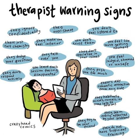 Instagrammer, crazyheadcomics, creates a comic about therapist "warning signs" to look out for. Create A Comic, Mental Health Therapy, Therapy Counseling, Mental And Emotional Health, Psychology Facts, Warning Signs, Health Awareness, Mental Wellness, Mental Health Awareness