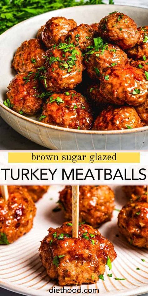 These turkey meatballs pack a bite-sized punch! They're an easy appetizer coated with a sweet-tangy brown sugar glaze, perfect for game day. Turkey Bites Appetizers, Easy Ground Turkey Meatballs, Appetizer Recipes Meatballs, Autumn Meatballs, Ground Turkey Appetizers, Turkey Balls Recipe, Turkey Meatball Dinner Ideas, Sauce For Turkey Meatballs, Brown Sugar Meatballs