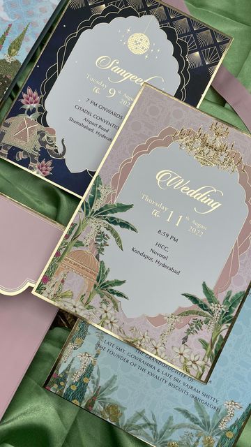 Wedding Invitations by PGD on Instagram: "For a South Indian wedding themed around elephants & lotuses- this is our favourite wedding suite this season! Custom designed for Pratik & Dhanya, August 2022 ♥️ #prettygilded #weddinginvitations #weddinginvites #weddingstationery #indianwedding #indianweddinginvitation #indianweddingcard #weddingcards #bespoke #design #southindianwedding #hyderabadwedding #reels #weddingreels #trendingaudio #explorepage" Indian Patrika Design, Wedding Indian Card, Wedding Cards South Indian, India Wedding Invitation Cards, Indian Invitation Cards Weddings, Indian Wedding Invite Ideas, Indian Wedding Card Invitation, Aesthetic Indian Wedding Cards, Classy Indian Wedding Invitations