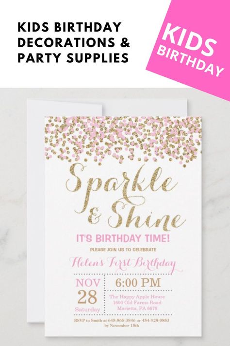 Sparkle and Shine Pink Gold Birthday Invitation Sparkle First Birthday Theme, Sparkle And Shine Birthday Party, Sparkle Birthday Party, Glam Birthday, Pink Gold Birthday, Birthday Invitation Pink, Sparkle Birthday, Birthday 1st, Gold Glitter Confetti