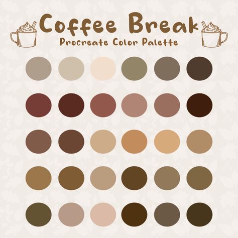 Procreate Coffee Break color palette with 30 color swatches. Simply download the file and import to Procreate! WHAT'S INCLUDED: 1 Procreate .swatch file Please feel free to use this palette for personal or commercial use. However, you may not resell/redistribute or claim the palette as your own. Cafe Colors Palette, Coffee Aesthetic Color Palette, Coffee Pallete Color, Cafe Colour Palette, Coffee Shop Color Palette, Cafe Color Palette, Mocha Color Palette, Eyes Color Palette, Free Procreate Color Palettes