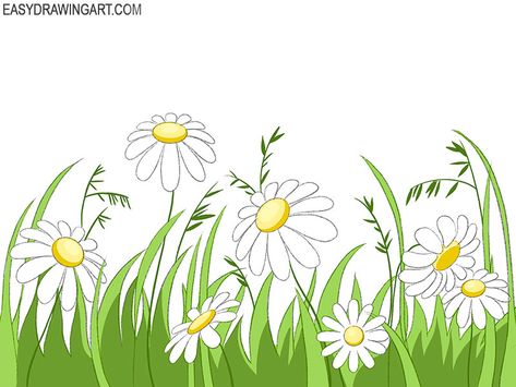 field of flowers drawing simple Simple Grass Drawing, Flower Field Cartoon, Grass Field Drawing, Flower Bed Drawing, Daisy Flower Drawing Simple, Field Of Flowers Drawing, Flower Field Drawing, Flowers Drawing Simple, Daisy Flower Drawing