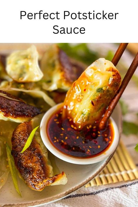 The ideal balance of of sweet, savory, salty and spicy in this Perfect Potsticker Sauce Recipe with just five simple pantry ingredients. It's a fail-proof dipping, drizzling and dunking sauce. Pin this amazing recipe to your favorite board today. Spicy Potsticker Sauce, Easy Pot Sticker Sauce, Pot Stickers Meal Ideas, Pot Sticker Sauce Recipe, Sauce For Dumplings Easy, Pot Stickers Sauce, Potsticker Sauce Recipe, Pot Stickers Recipe Dipping Sauces, Pot Sticker Dipping Sauce Easy