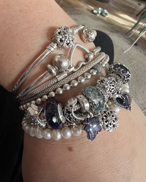 Pandora Bracelet On Wrist, Pandora Bracelet Stack, Pandora Bracelet Aesthetic, Pandora Stack, Bracelet Stack Ideas, Pandora Bracelet Charms Ideas, Pandora Bracelet Designs, Jewelry Accessories Ideas, Dope Jewelry