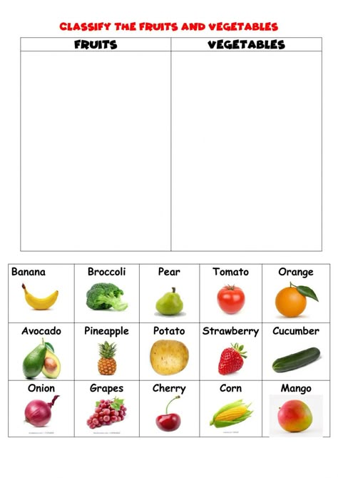 Fruits and vegetables classify worksheet Fruits And Vegetables Worksheet, Vegetable Activity For Kids, Plants Worksheets, Preschool Activities Printable, Kids Vegetables, Spring Fruit, English Activities For Kids, Fruits For Kids, Food Activities