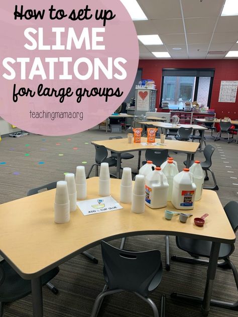 How to Set up Slime Stations - if you're making slime with a large group, this post has all the tips you need! How To Make Slime In The Classroom, Slime Recipe For Classroom, Slime Party Ideas, Slime Activities, Classroom Party Ideas, Slime Science, Science Experiments Kids Elementary, Halloween Slime, Teaching Mama