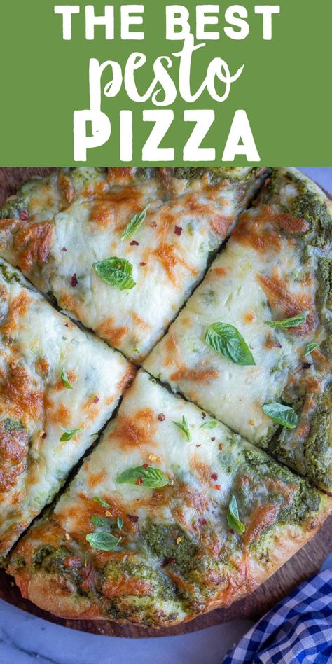 If you love pizza, but you're sick of marinara sauce, you've got to try The Best Pesto Pizza recipe out there!  This flavorful pizza is made with my favorite spinach feta basil pesto sauce, which makes the sauce super creamy and nutritious.   This pizza is bursting with fresh spring flavors and is perfect for your next pizza night! #pestopizza #pizzanight #vegetarianrecipe #spinachfetapizza Basil Pesto Pizza, Pizza With Pesto Sauce, Pesto Sauce For Pizza, Pesto Pizza Sauce, Veggie Marinade, Pizza With Pesto, Best Pesto, Feta Pizza, Spring Flavors