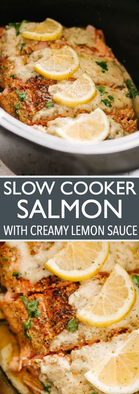 This Slow Cooker Salmon recipe yields tender, flaky fish, topped with a luscious creamy lemon sauce. Easy to put together, super flavorful, and cooked to a juicy perfection right in your slow cooker. #slowcoookersalmon #salmonrecipes #fish #seafood #creamsauce #salmon #slowcooker #crockpot Crockpot Salmon, Slow Cooker Salmon, Creamy Lemon Sauce, Summer Crockpot Recipes, Garlic Butter Salmon, Crockpot Lasagna, Easy Salmon Recipes, Lemon Sauce, Cooking Salmon