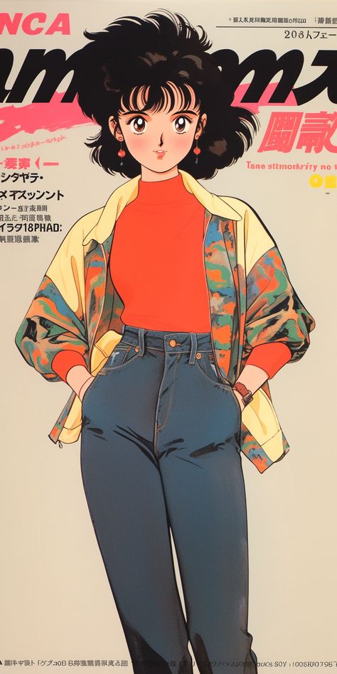 Vintage Anime Style, Citypop Outfit, City Pop Aesthetic Outfits, City Pop Fashion, City Pop Outfits, 80s Anime Art, 90s Style Anime, Vintage Japanese Illustration, 80s Aesthetic Fashion