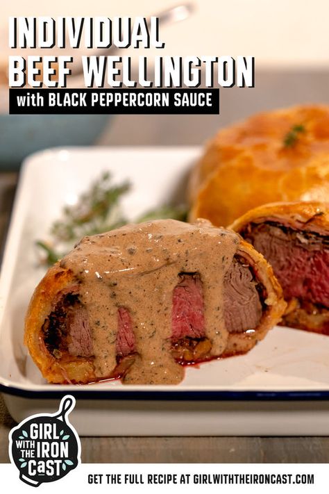 This beef Wellington recipe can be scaled depending on how many guests you’re having. Instead of making one large beef Wellington, everyone can enjoy their beef filet, surrounded by mushroom duxelle, wrapped in prosciutto, enclosed in flakey puff pastry. Served with a black peppercorn sauce, this is a holiday or special occasion delight. Beef Wellington Sauce, Black Peppercorn Sauce, Mushroom Duxelle, Dried Cranberries Recipes, Easy Beef Wellington, Individual Beef Wellington, Mini Beef Wellington, Wellington Recipe, Beef Wellington Recipe