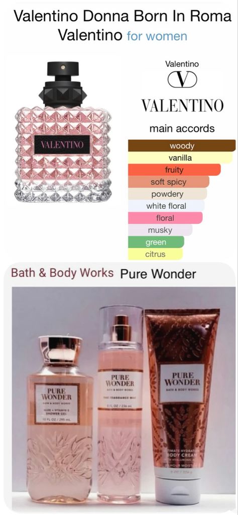 Pure Wonder Aesthetic, Perfume Layering With Bath And Body Works, Pure Wonder Perfume, Bath And Body Works Combo Ideas, Valentino Perfume Combo, Valentino Born In Roma Layering, Bath And Body Works Scent Combos, Perfume Combos Bath And Body Works, Pure Wonder Bath And Body Works