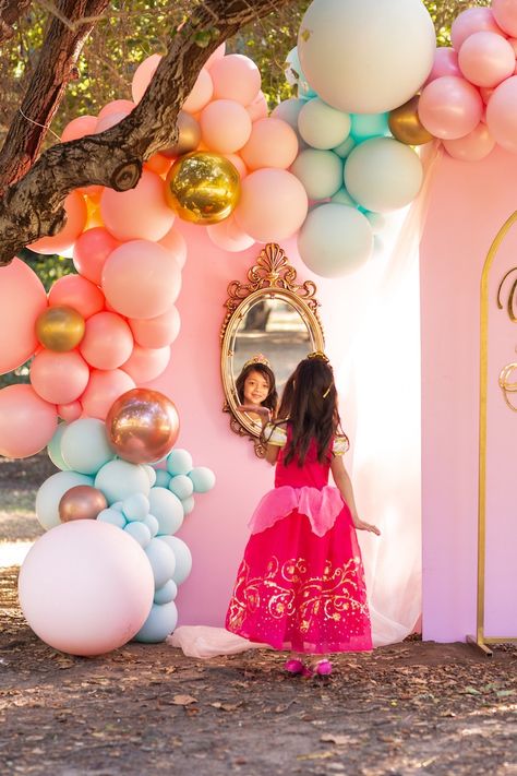 Kara's Party Ideas Elegant Disney Princess Party | Kara's Party Ideas Princess Ball Party Theme, Disney Princess Party Entrance, Princess Halloween Party Ideas, Disney Princess Birthday Balloon Arch, Disney Princess Slumber Party, Princess Costume Party, Disney Princess Birthday Party Balloon Arch, Princess Ball Decorations, Princess Party Theme Decorations