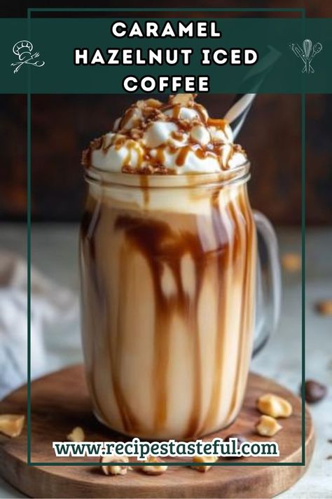 Indulge in the ultimate refreshing treat with this luxurious Caramel Hazelnut Iced Coffee. With the rich taste of bold coffee, sweet caramel, and nutty hazelnut, it's a perfect pick-me-up any time of the day! Hazelnut Iced Coffee Recipe, Hazelnut Iced Coffee, Hazelnut Coffee Recipe, Caramel Hazelnut, Iced Coffee Recipe, Hazelnut Coffee, Caramel Syrup, Coffee Recipe, Ice Coffee Recipe