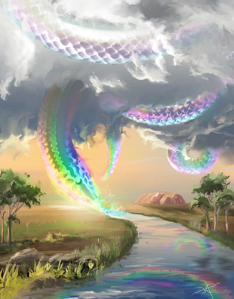 Myth Of The Rainbow Serpent by aerroscape.deviantart.com on @DeviantArt Aboriginal Mythology, Large Snake, Rainbow Snake, Rainbow Serpent, Snake Art, Fantasy Beasts, Fantasy Creatures Art, Mythical Creatures Art, Mythological Creatures