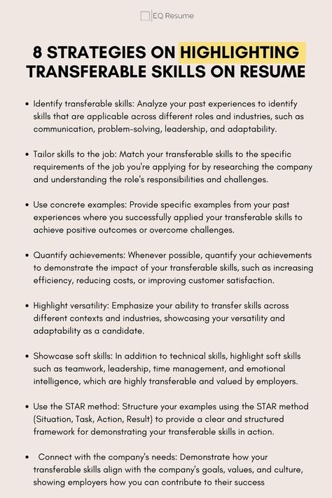 Enhance your resume with EQ Resume's expert strategies! Learn 8 effective techniques for highlighting transferable skills and boosting your job prospects. #transferableskills #resumetips #EQResume #careeradvice #jobsearch #careerdevelopment #jobhunt #professionalgrowth #resumewriting #jobskills Job Interview Prep, Skills Resume, Transferable Skills, Job Interview Answers, Interview Help, Job Interview Preparation, Good Leadership Skills, Interview Answers, Interview Advice