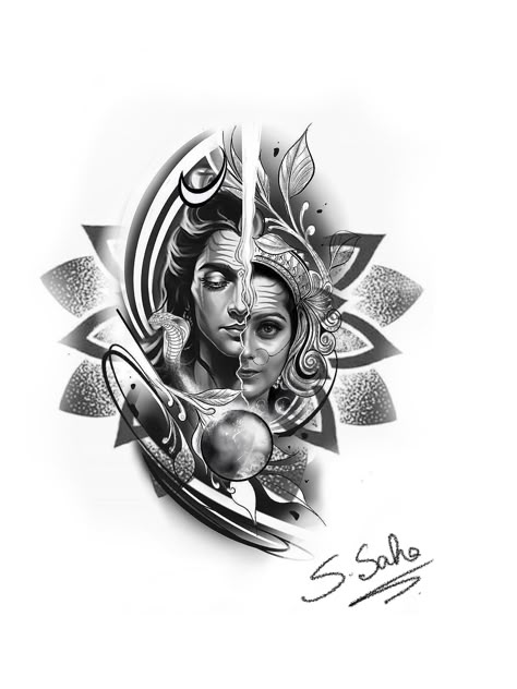 Ardhanarishvara Shiva Shakti Sketch, Shiva And Parvati Tattoo, Shiv Parvati Tattoo Design, Shiva Parvati Tattoo Design, Shiva Parvati Tattoo, Shivji Sketch, Shiva Shakti Tattoo, Shiv Shakti Tattoo, Parvati Tattoo