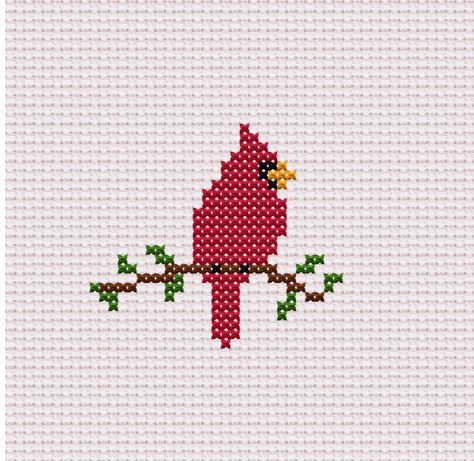 "Cardinal Sitting on Branch, Cross Stitch Chart Perfect for beginners, this pattern features a lovely scene of a little cardinal perched on a tree branch, filled with vibrant colours and intricate details. It's an ideal project to bring to life the beauty of nature and add a touch of charm to your home decor. Aida: 14 count ( 5,5 per cm) Pattern Size: 27 x 24 stitches Finished Size: 1.9 x 1.7 inches ( 5 x 4 cm ) Fabric Color: Antique White (101) Note: This listing is for a digital cross-stitch p One Colour Cross Stitch Patterns, Single Color Cross Stitch, Small Counted Cross Stitch Patterns Free, Cross Stitch Engagement, Cross Stitch Cardinal Pattern, Cardinal Cross Stitch Pattern Free, Simple Cross Stitch Patterns Free, Easy Cross Stitch Patterns Free, Cross Stitch Cardinal