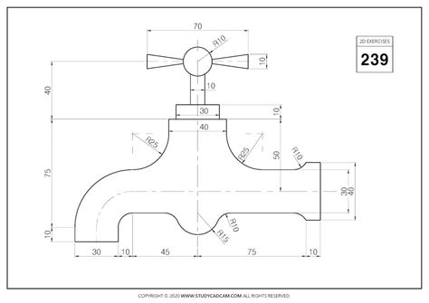 2D CAD EXERCISES 239 - STUDYCADCAM Autocad Exercises 2d, Autocad Exercises, 3d Autocad, 3d Geometry, Autocad Tutorial, Autodesk Inventor, Mechanical Engineering Design, Drawing Machine, Geometric Construction