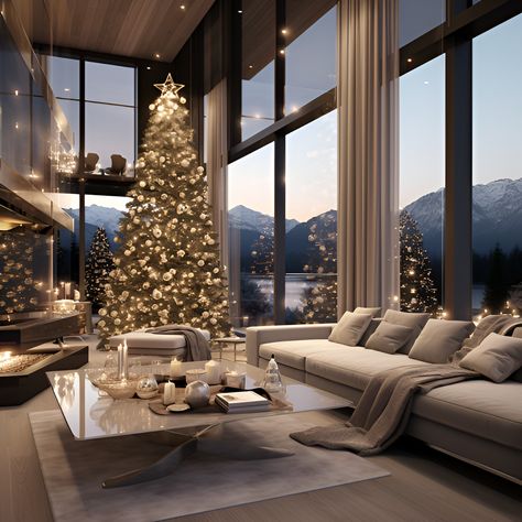 Modern luxury house decorated with shiny Christmas decorations with a mountain view ✨ ... ... ... #Luxuryhome #LuxuryInterior #ModernElegance #ChristmasTree #MountainView #Winter #TimeOfTheYear #ChristmasFamilyHome #ChristmasInterior #Mountain #RomanticAtmosphere #ShinyDecorations #ShinyHome Rich House Christmas Decor, Luxury House Christmas Decoration, Christmas Decorations Luxury, Christmas Luxury Home, Luxury Home Christmas Decor, Big Living Room With Fireplace, Floor Design Bedroom, Elegant Christmas Decor Ideas For Living Room, Modern Winter House