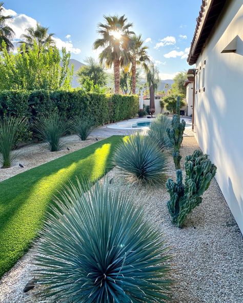 Adding artificial turf adds contour, contrast, and water-free greenery to your desert landscape. Here, we added an artificial turf walkway, leading to the backyard pool. Contact us now at (760) 238-0582 to discuss your home's desert landscape remodel - space for this season is filling up fast. Arizona Style Landscaping, Desert Landscaping With Artificial Turf, Arizona Landscape Backyard, Arizona Landscape Ideas, Turf Walkway, Turf Backyard Ideas, Landscape Remodel, Palm Springs Backyard, Arizona Backyard Landscaping