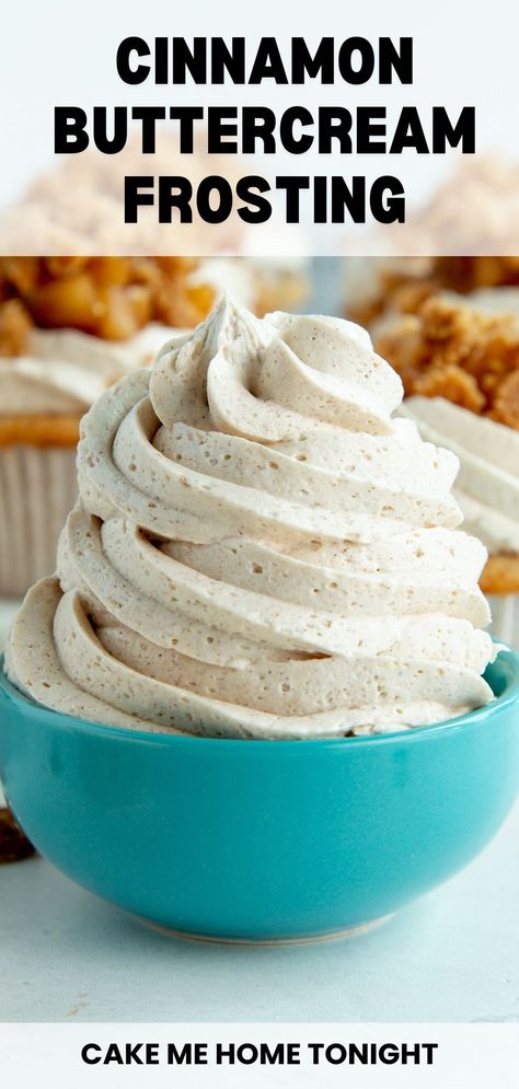 Cinnamon buttercream frosting is smooth and creamy, made with vanilla and cinnamon. Great for cakes and cupcakes. Cinnabon Cinnamon Cupcakes, Spiced Buttercream Frosting, Pumpkin Spice Buttercream Frosting, Cinnamon Whipped Cream Frosting, Whipped Cream Buttercream Frosting, Best Buttercream Frosting For Decorating, Home Made Frosting, Cupcake Buttercream Frosting, Cake Frosting Ideas