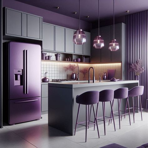 Purple Kitchen Purple Grey Kitchen, Purple Kitchen Ideas, Violet Kitchen, Kitchen Purple, Purple Cabinets, Purple Dining Room, Kitchen Laminate, Colorful Rooms, House Aesthetics