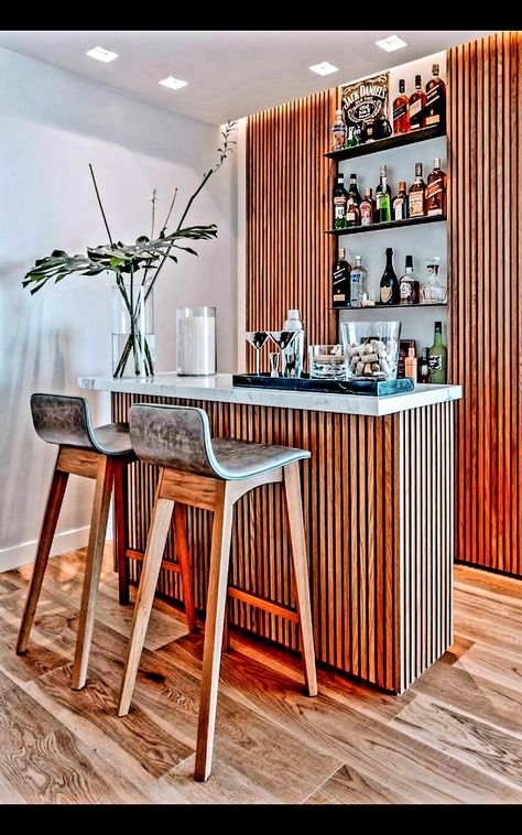 House Bar Ideas Small Spaces Living Room, Countertop Bar Ideas Small Spaces, Home Bar Areas Modern, Living Room With Mini Bar, Small Corner Bar Ideas, Coin Bar Salon, Modern Bar Ideas For Home, Home Bar Room Ideas, House Mini Bar