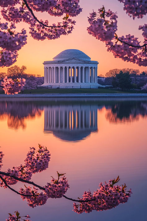 A stunning view of the Jefferson Memorial at sunrise, framed by blooming cherry blossoms, with the monument's reflection perfectly mirrored in the calm waters of the Tidal Basin in Washington DC. Dc Picture Ideas, Washington Dc Picture Ideas, Smithsonian Museum Washington Dc, Washington Dc Aesthetic, Traveling America, Washington Dc Monuments, America Aesthetic, Dc Aesthetic, Washington Dc Photography