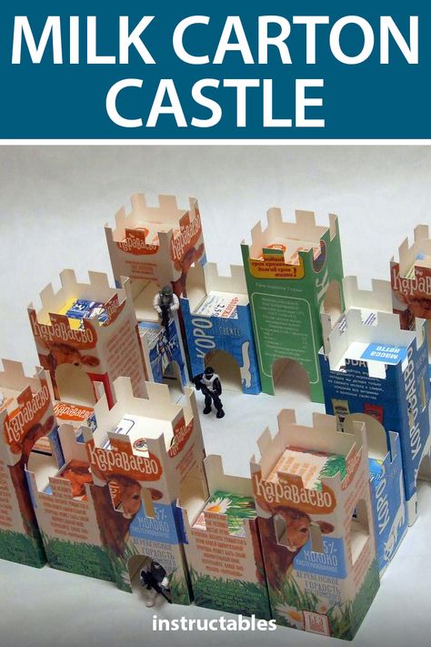 Milk Box Craft, Recycled Milk Carton Crafts, Recycling Milk Cartons, Milk Carton Fairy House, Castle Made Out Of Boxes, Castle From Recycled Materials, Milk Carton Crafts, Miniature School, Kids Cereal