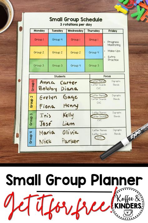 Read to see how I plan and organize activities to run my small phonics groups in the beginning of the school year!  Plus get this FREE customizable small group planning template to organize your own groups! #Kindergarten #Phonics #SmallGroups Small Group Teacher Organization, Small Group Centers, 2nd Grade Ela Centers Small Groups, Small Group Tracking Sheet, Guided Reading Groups Organization, Small Group Management Ideas, Small Group Planning Template Free, Small Group Phonics Activities, Sor Small Group Lesson Plan