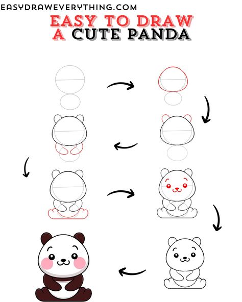 Easy cute panda How To Draw A Cute Panda, Panda For Kids, Panda Facts, Arrow Doodle, Cute Panda Drawing, Draw Kawaii, How To Draw Animals, Panda Drawing